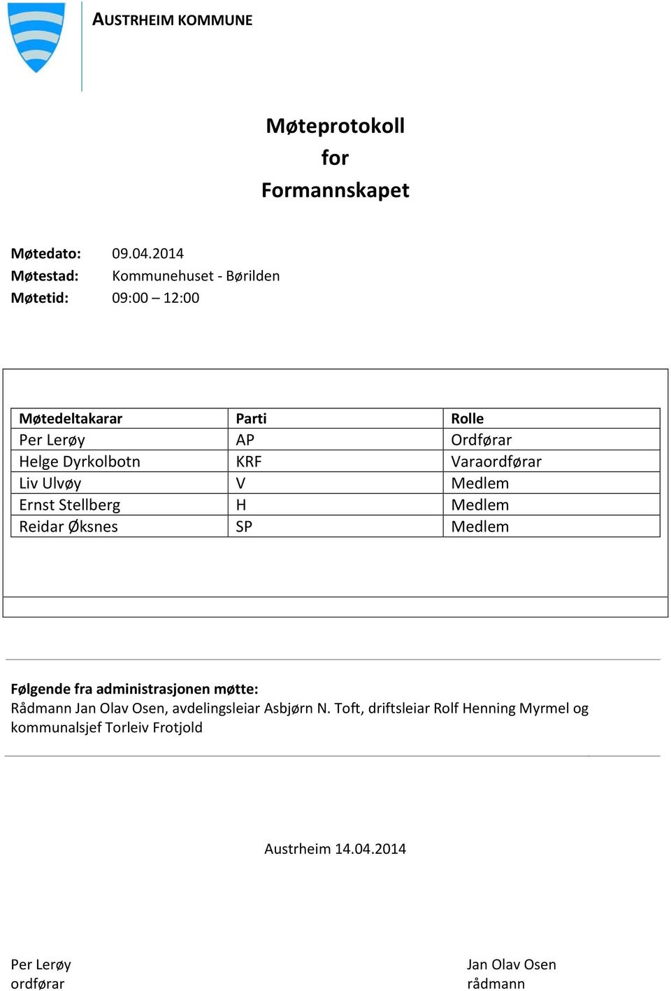 Dyrkolbotn KRF Varaordførar Liv Ulvøy V Medlem Ernst Stellberg H Medlem Reidar Øksnes SP Medlem Følgende fra