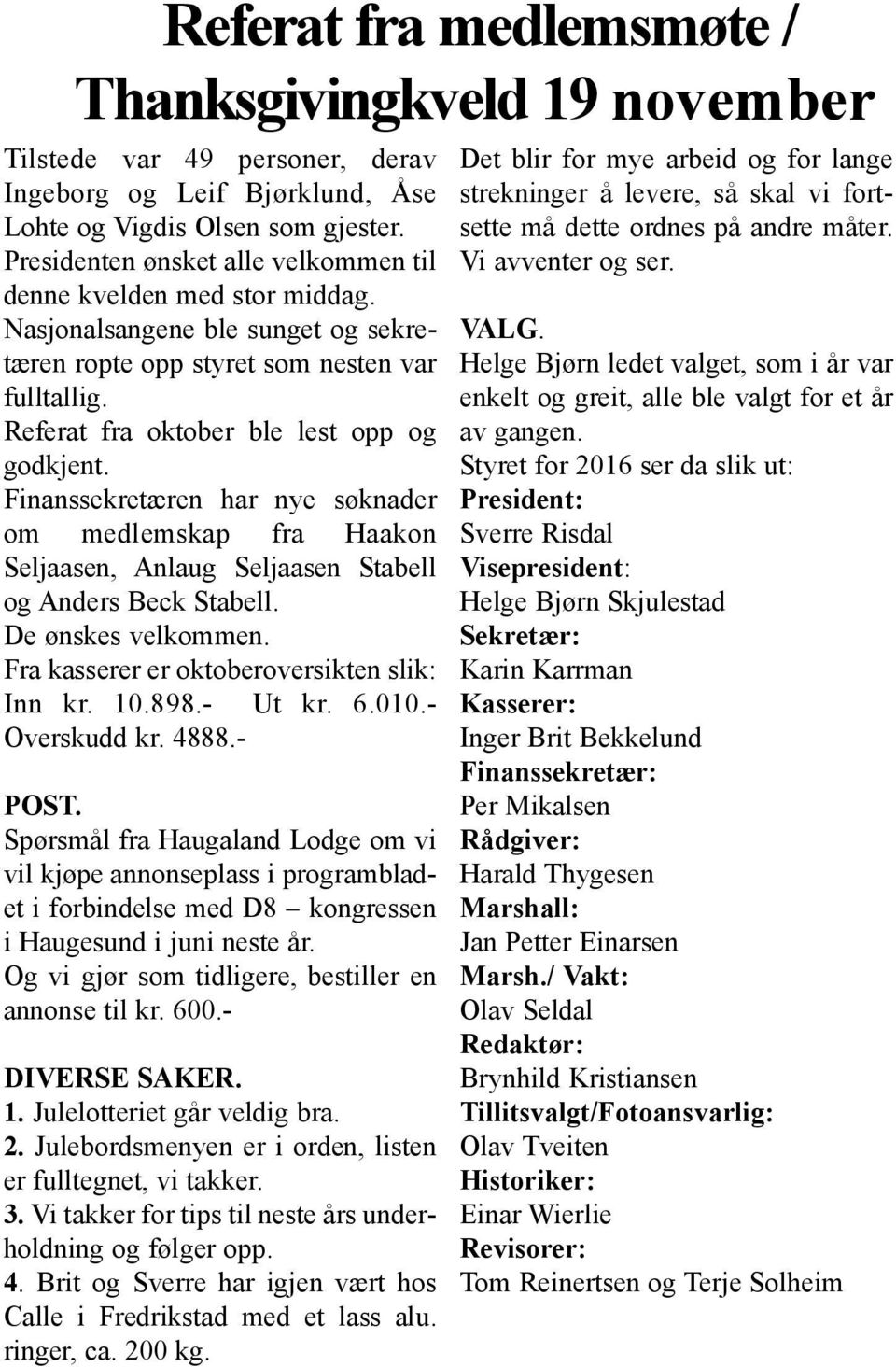 Finanssekretæren har nye søknader om medlemskap fra Haakon Seljaasen, Anlaug Seljaasen Stabell og Anders Beck Stabell. De ønskes velkommen. Fra kasserer er oktoberoversikten slik: Inn kr. 10.898.