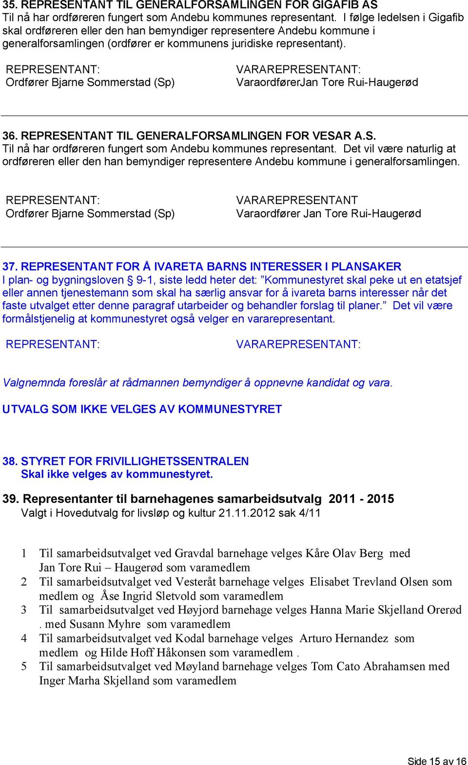 REPRESENTANT: Ordfører Bjarne Sommerstad (Sp) VARAREPRESENTANT: VaraordførerJan Tore Rui-Haugerød 36. REPRESENTANT TIL GENERALFORSAMLINGEN FOR VESAR A.S. Til nå har ordføreren fungert som Andebu kommunes representant.