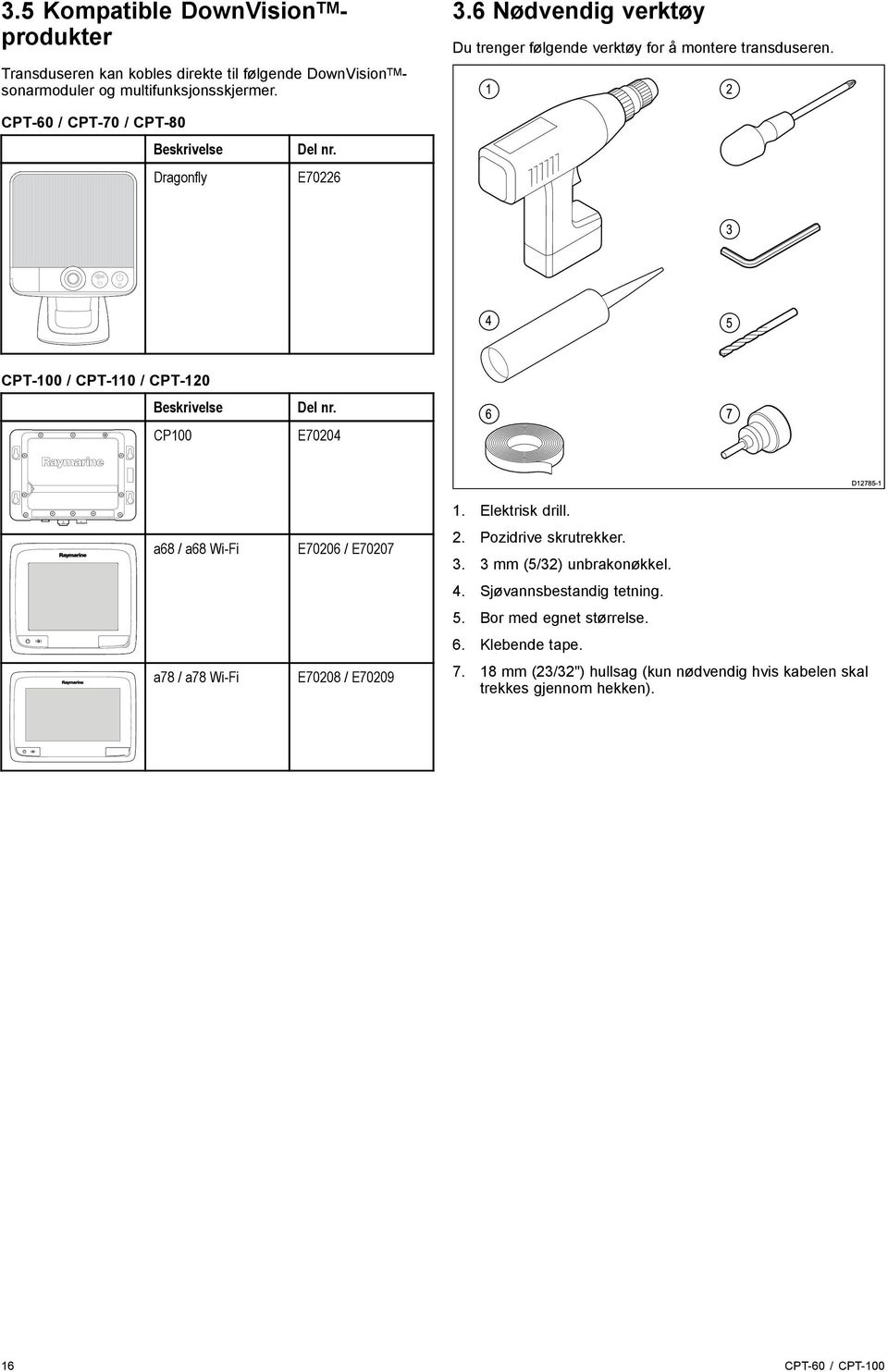 E70226 3 4 5 Dragonfly CPT-100 / CPT-110 / CPT-120 Beskrivelse CP100 Del nr. E70204 6 7 D12785-1 a68 / a68 Wi-Fi a78 / a78 Wi-Fi E70206 / E70207 E70208 / E70209 1.