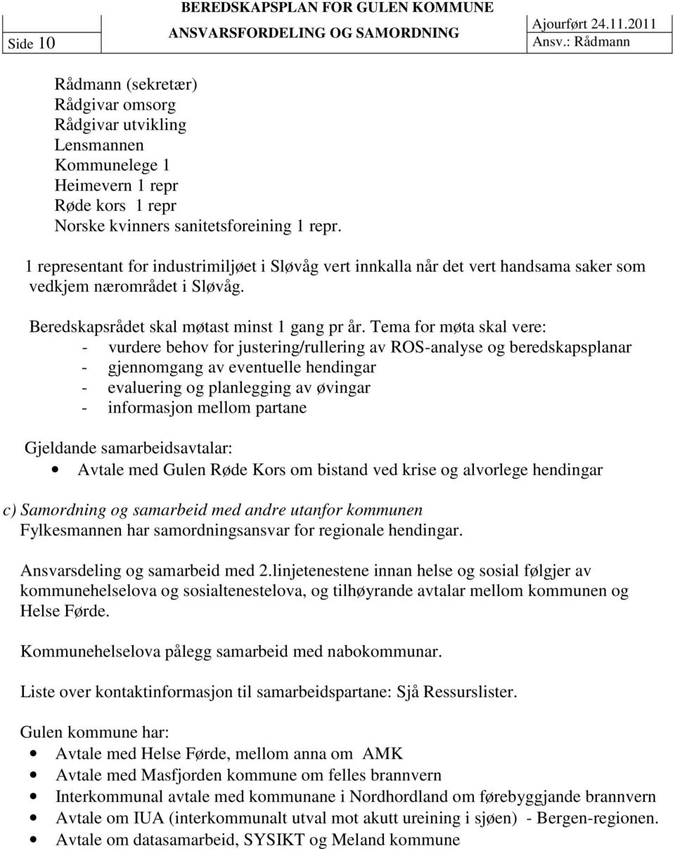 1 representant for industrimiljøet i Sløvåg vert innkalla når det vert handsama saker som vedkjem nærområdet i Sløvåg. Beredskapsrådet skal møtast minst 1 gang pr år.