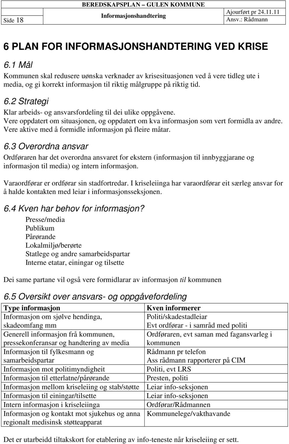 2 Strategi Klar arbeids- og ansvarsfordeling til dei ulike oppgåvene. Vere oppdatert om situasjonen, og oppdatert om kva informasjon som vert formidla av andre.