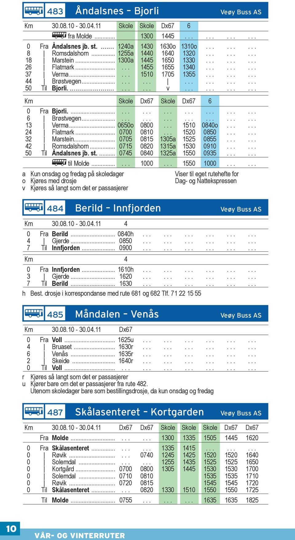 ........... Km Skole Dx67 Skole Dx67 6 0 Fra Bjorli......................... 6 Brøstvegen........................ 13 Verma... 0650o 0800... 1510 0840o...... 24 Flatmark... 0700 0810... 1520 0850.