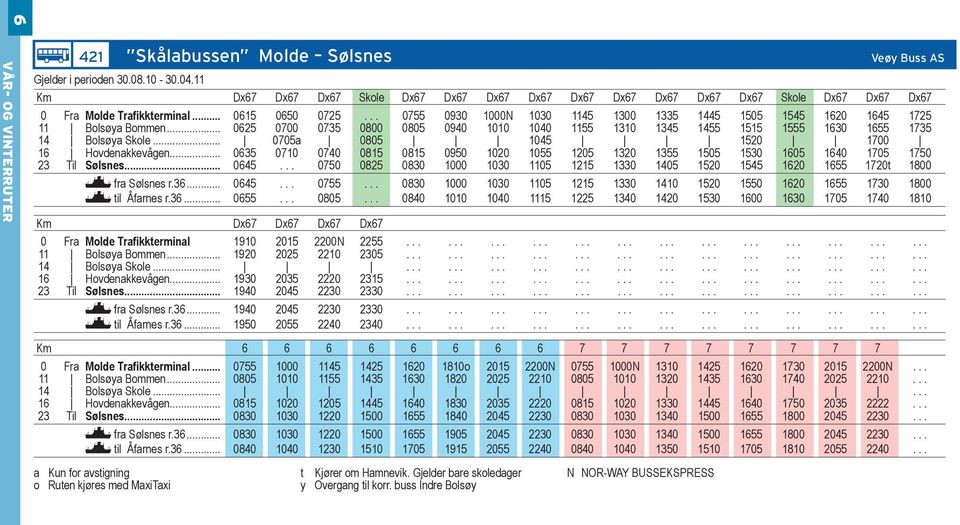 .. 0755 0930 1000N 1030 1145 1300 1335 1445 1505 1545 1620 1645 1725 11 Bolsøya Bommen... 0625 0700 0735 0800 0805 0940 1010 1040 1155 1310 1345 1455 1515 1555 1630 1655 1735 14 Bolsøya Skole.