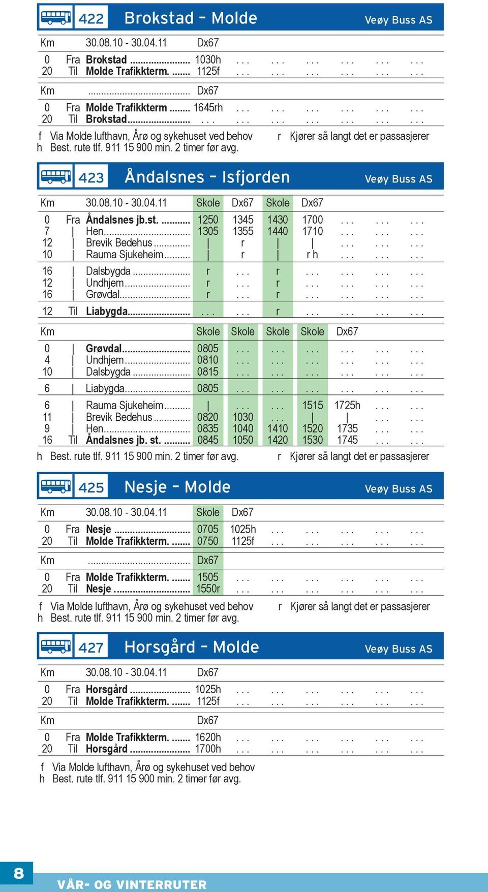 423 425 Nesje Molde Km 30.08.10-30.04.11 Skole Dx67 0 Fra Nesje... 0705 1025h............... 20 Til Molde Trafikkterm.... 0750 1125f............... Km... Dx67 0 Fra Molde Trafikkterm.... 1505.