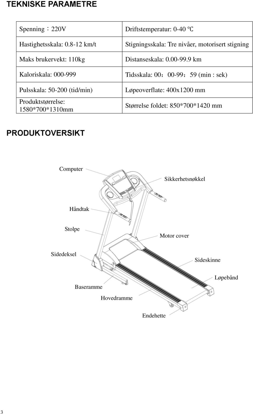 Stigningsskala: Tre nivåer, motorisert stigning Distanseskala: 0.00-99.