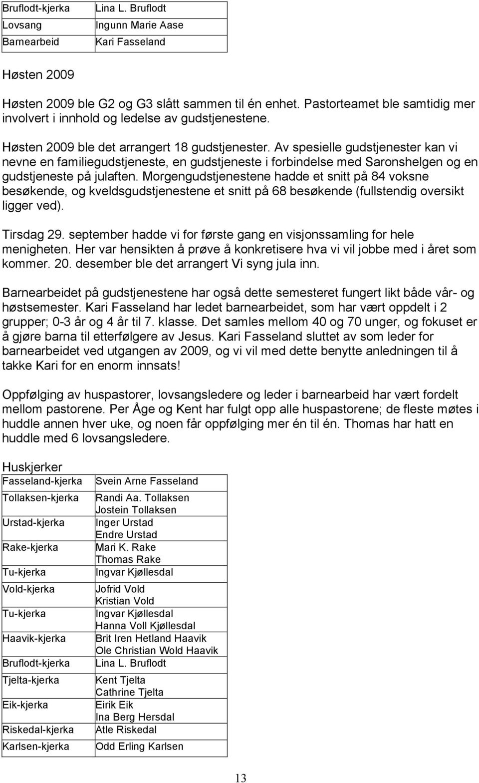 Av spesielle gudstjenester kan vi nevne en familiegudstjeneste, en gudstjeneste i forbindelse med Saronshelgen og en gudstjeneste på julaften.