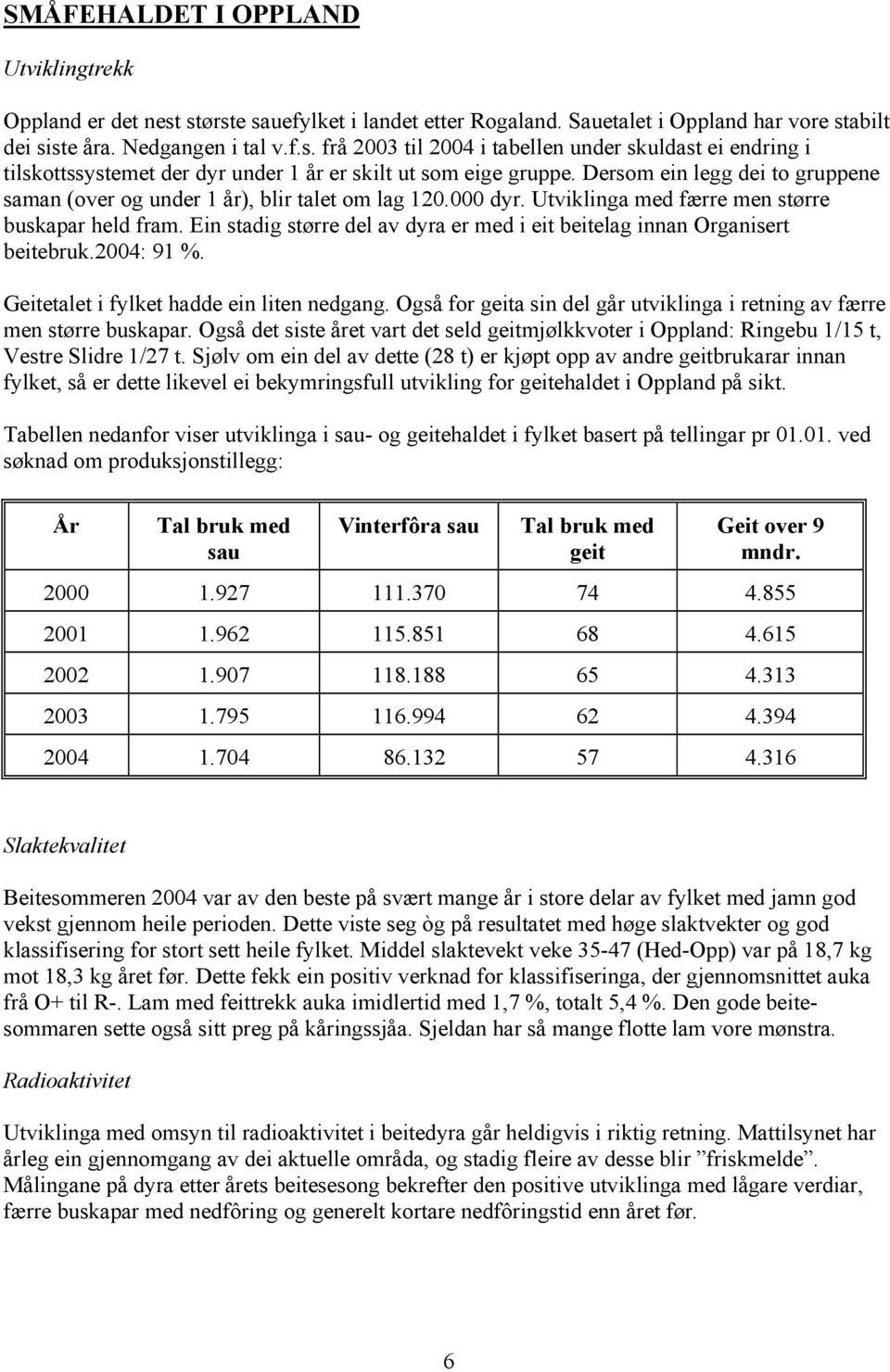 Ein stadig større del av dyra er med i eit beitelag innan Organisert beitebruk.2004: 91 %. Geitetalet i fylket hadde ein liten nedgang.