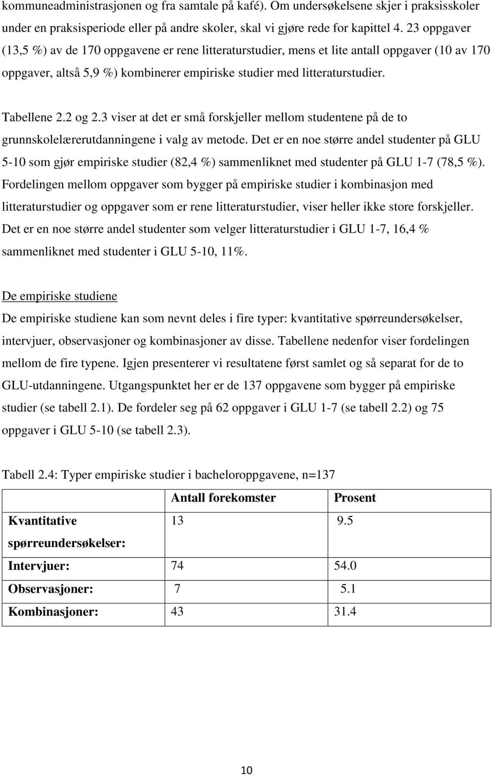 2 og 2.3 viser at det er små forskjeller mellom studentene på de to grunnskolelærerutdanningene i valg av metode.