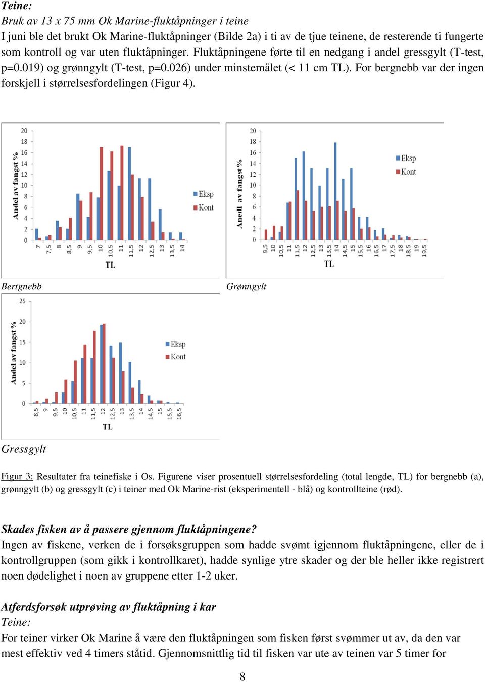 For bergnebb var der ingen forskjell i størrelsesfordelingen (Figur 4). Bertgnebb Grønngylt Gressgylt Figur 3: Resultater fra teinefiske i Os.