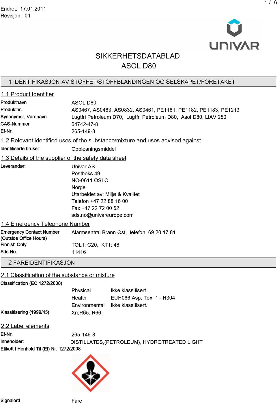 2 Relevant identified uses of the substance/mixture and uses advised against Identifiserte bruker Oppløsningsmiddel 1.3 Details of the supplier of the safety data sheet Leverandør: 1.