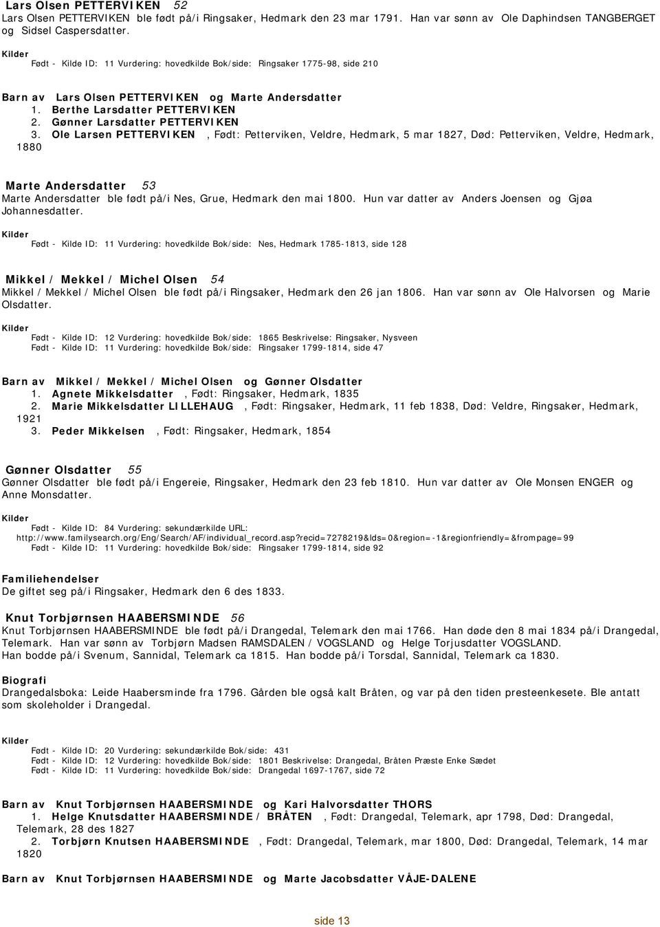 Ole Larsen PETTERVIKEN, : Petterviken, Veldre, Hedmark, 5 mar 1827, Død: Petterviken, Veldre, Hedmark, 1880 53 Marte Andersdatter Marte Andersdatter ble født på/i Nes, Grue, Hedmark den mai 1800.