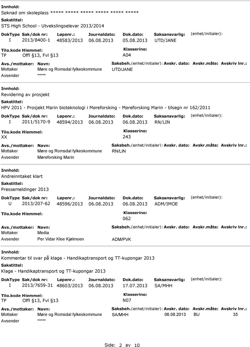 48594/2013 RN/LN 243 Avs./mottaker: Navn: Saksbeh. Avskr. dato: Avskr.måte: Avskriv lnr.