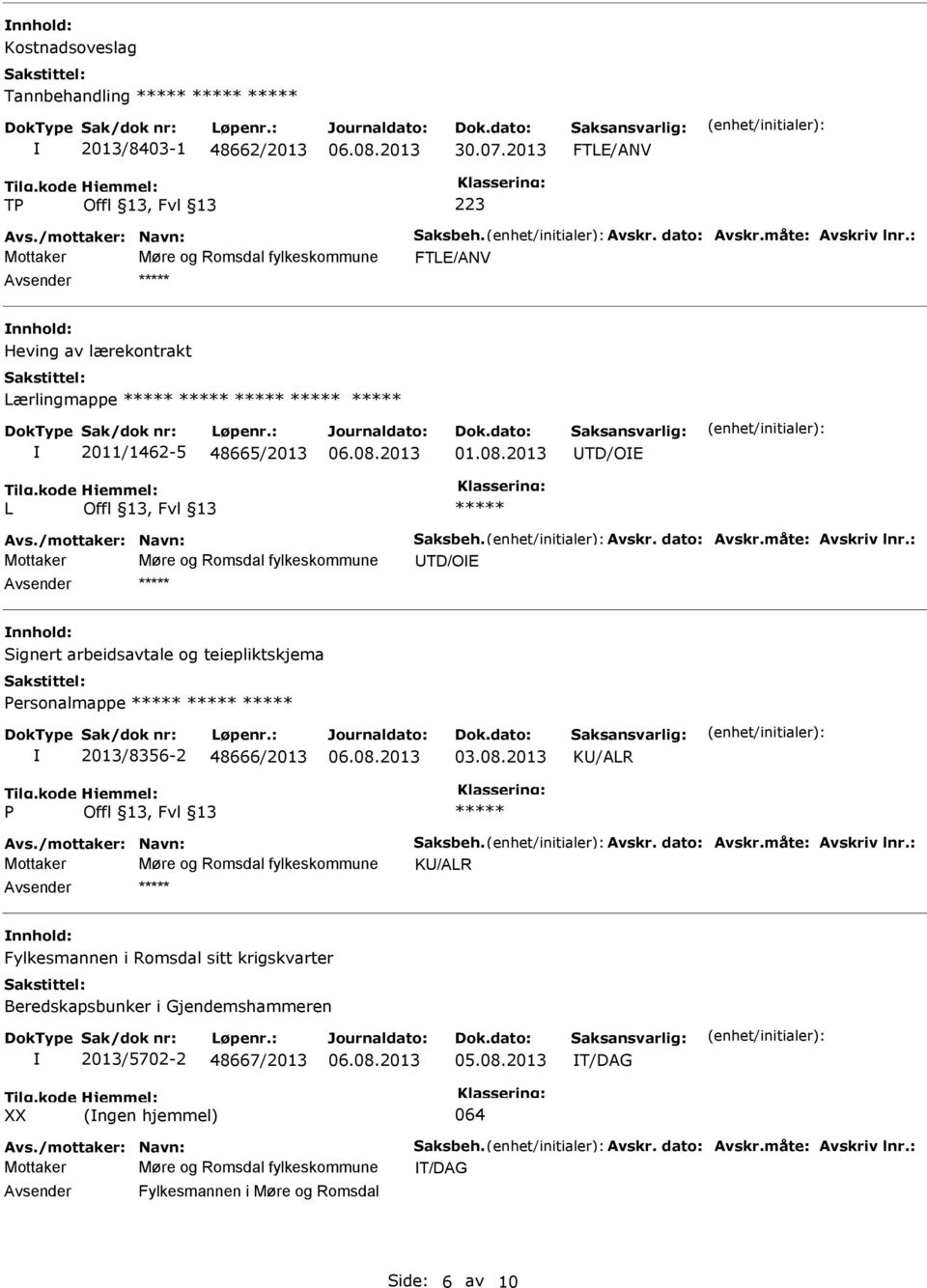 måte: Avskriv lnr.: Mottaker Møre og Romsdal fylkeskommune UTD/OE nnhold: Signert arbeidsavtale og teiepliktskjema Personalmappe 2013/8356-2 48666/2013 03.08.2013 KU/ALR P Avs.