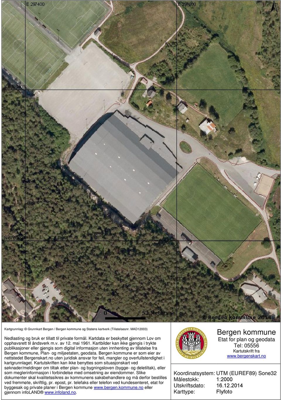 Kartbilder kan ikke gjengis i trykte publikasjoner eller gjengis som digital informasjon uten innhenting av tillatelse fra Bergen kommune, Plan- og miljøetaten, geodata.