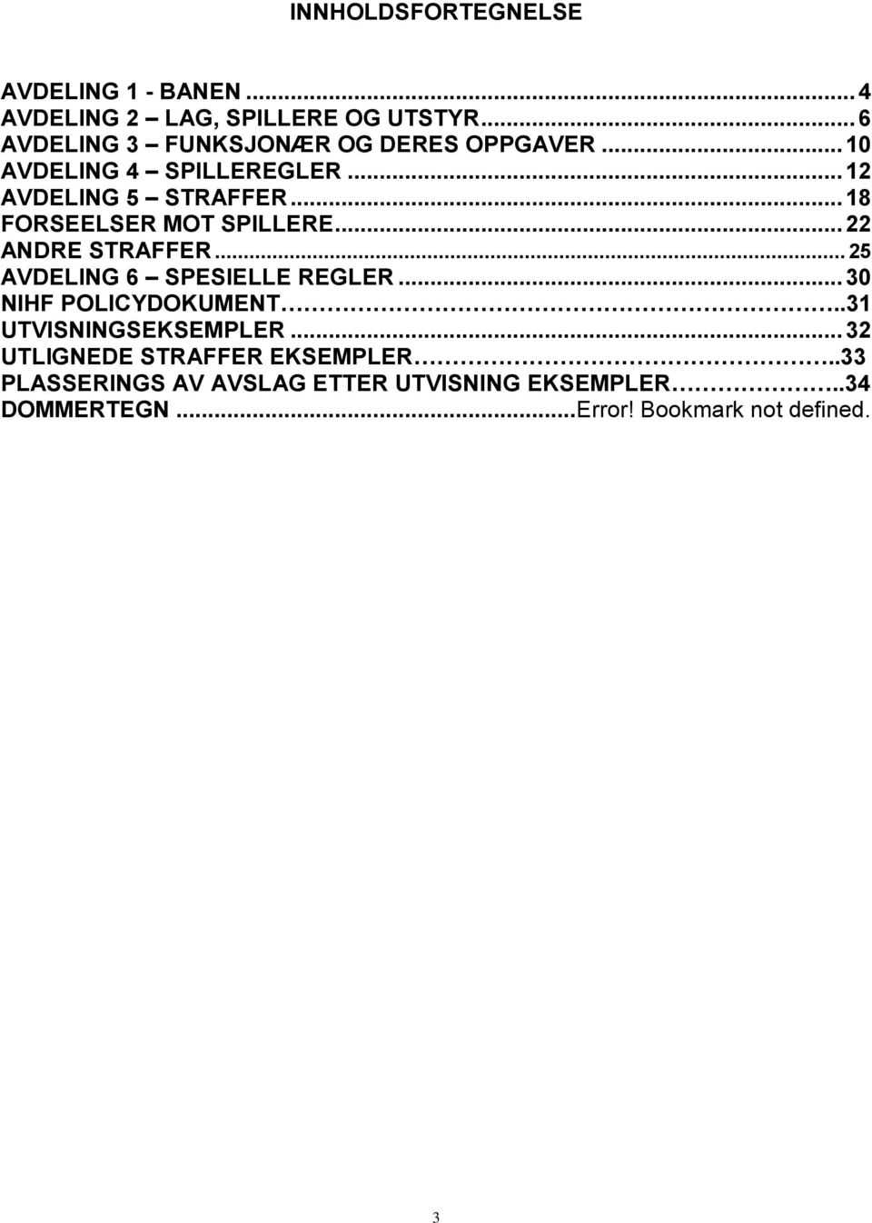 .. 18 FORSEELSER MOT SPILLERE... 22 ANDRE STRAFFER... 25 AVDELING 6 SPESIELLE REGLER... 30 NIHF POLICYDOKUMENT.