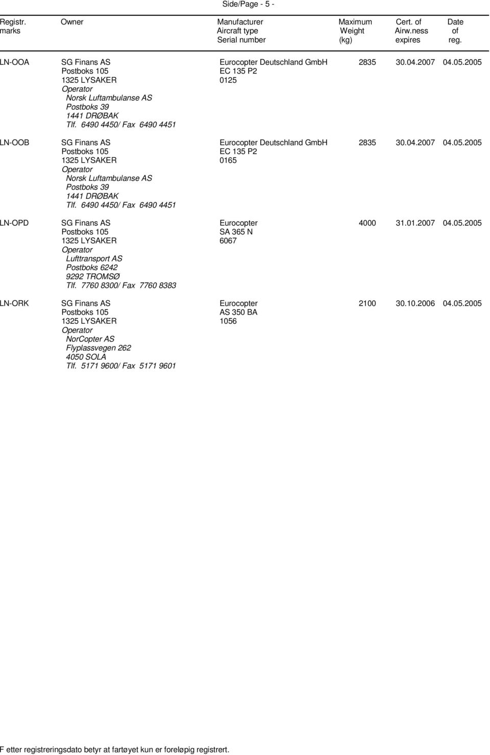 2005 LN-OOB Norsk Luftambulanse AS Postboks 39 1441 DRØBAK Tlf.