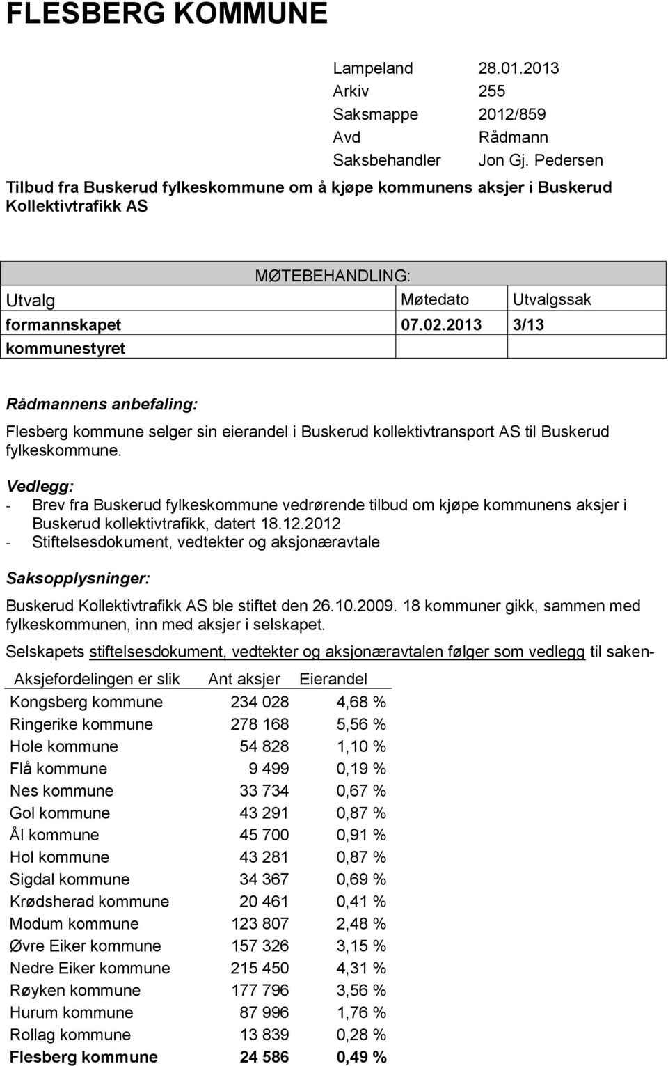 2013 3/13 kommunestyret Rådmannens anbefaling: Flesberg kommune selger sin eierandel i Buskerud kollektivtransport AS til Buskerud fylkeskommune.