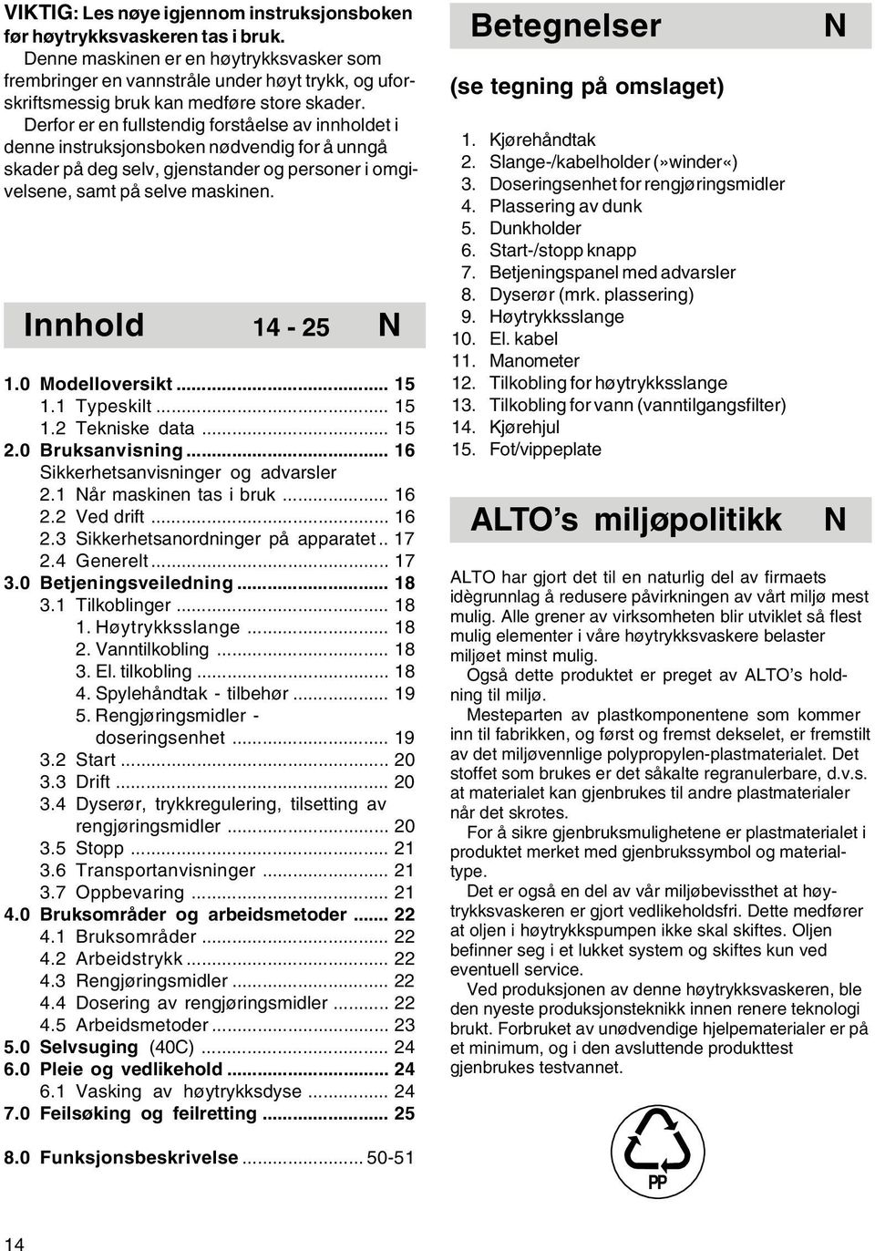 Derfor er en fullstendig forståelse av innholdet i denne instruksjonsboken nødvendig for å unngå skader på deg selv, gjenstander og personer i omgivelsene, samt på selve maskinen. Innhold 14-25 N 1.