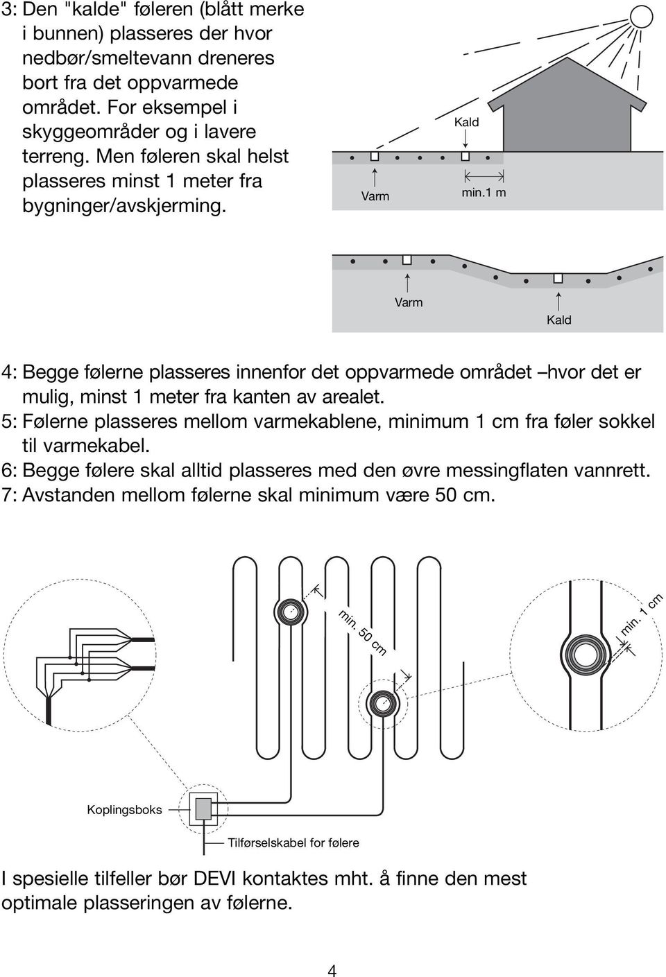 1 m Varm Kald 4: Begge følerne plasseres innenfor det oppvarmede området hvor det er mulig, minst 1 meter fra kanten av arealet.