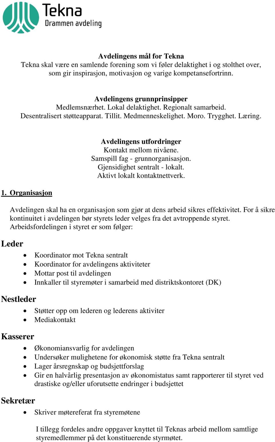 Organisasjon Avdelingens utfordringer Kontakt mellom nivåene. Samspill fag - grunnorganisasjon. Gjensidighet sentralt - lokalt. Aktivt lokalt kontaktnettverk.