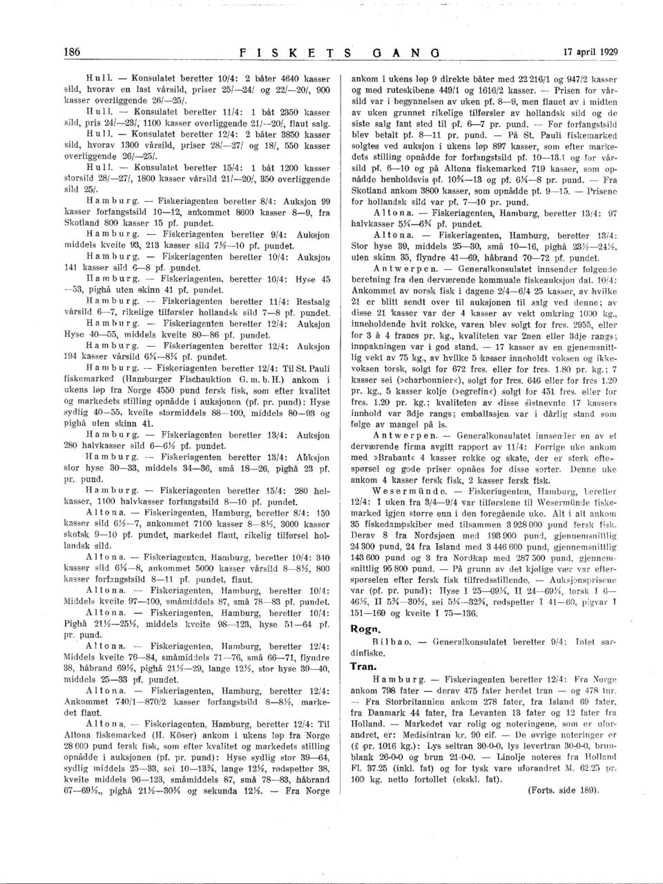 Konsulatet beretter 5/4: båt 200 kasser storsild 28/,27/, 80.0 kasser vårsild 2/20'/, 350' overliggende sild 25/. Ham bur g.