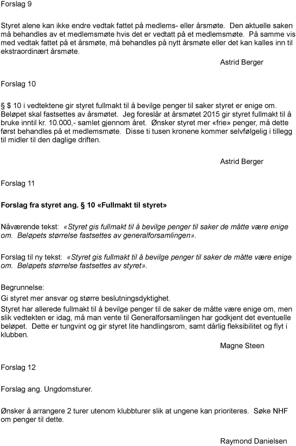 Forslag 10 $ 10 i vedtektene gir styret fullmakt til å bevilge penger til saker styret er enige om. Beløpet skal fastsettes av årsmøtet.