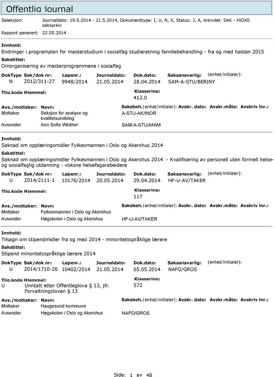 2014 SAM-A-ST/BERNY 412.0 Avs./mottaker: Navn: Saksbeh. Avskr. dato: Avskr.måte: Avskriv lnr.