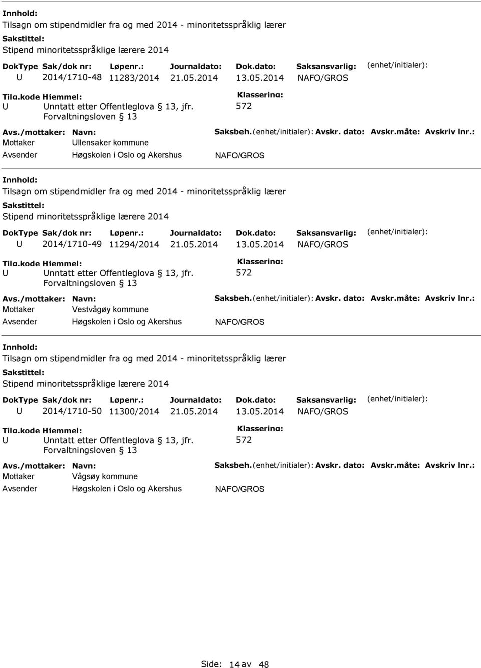 : Mottaker llensaker kommune Tilsagn om stipendmidler fra og med 2014 - minoritetsspråklig lærer Stipend minoritetsspråklige lærere 2014 2014/1710-49 11294/2014 13.05.