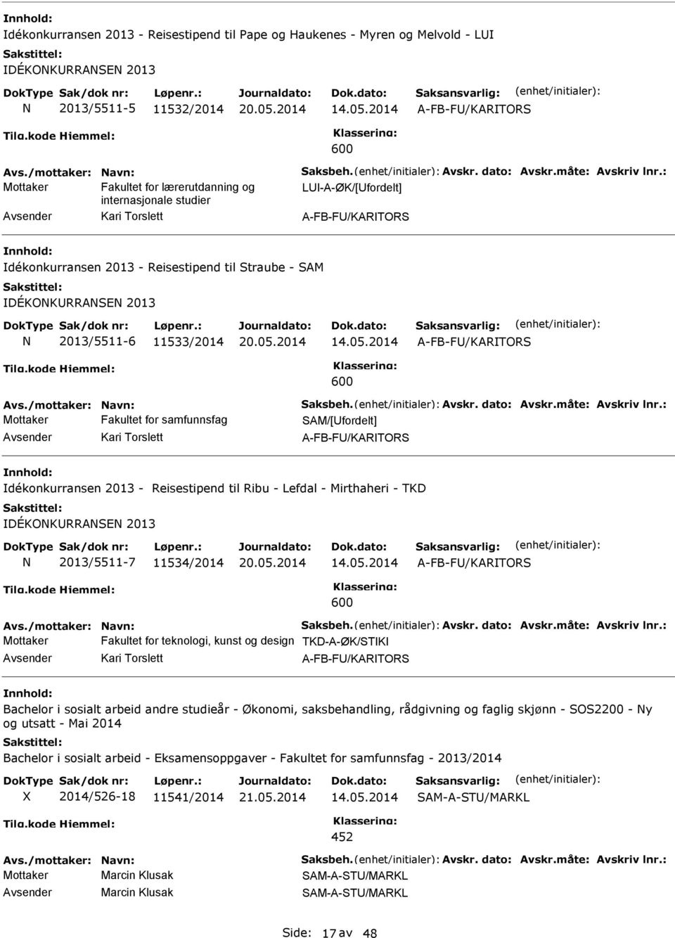 : Mottaker Fakultet for lærerutdanning og L-A-ØK/[fordelt] internasjonale studier Kari Torslett A-FB-F/KARTORS dékonkurransen 2013 - Reisestipend til Straube - SAM DÉKONKRRANSEN 2013 N 2013/5511-6