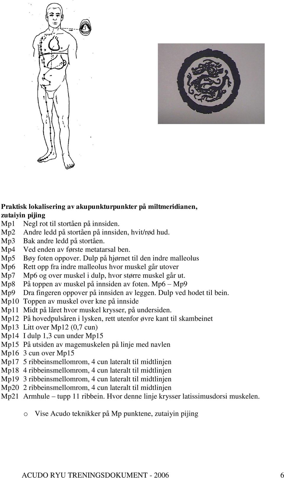 Dulp på hjørnet til den indre malleolus Mp6 Rett opp fra indre malleolus hvor muskel går utover Mp7 Mp6 og over muskel i dulp, hvor større muskel går ut. Mp8 På toppen av muskel på innsiden av foten.