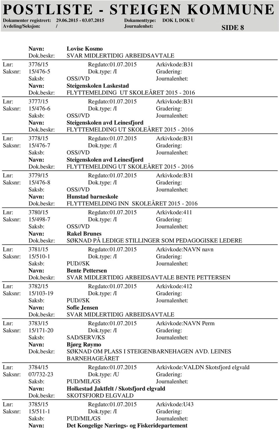 type: /I Gradering: Steigenskolen avd Leinesfjord FLYTTEMELDING UT SKOLEÅRET 2015-2016 Lnr: 3778/15 Regdato:01.07.2015 Arkivkode:B31 Saksnr: 15/476-7 Dok.