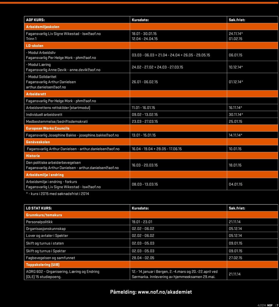 02 + 24.03-27.03.15 10.12.14* - Modul Solidaritet Fagansvarlig Arthur Danielsen 26.01-06.02.15 01.12.14* arthur.danielsen@aof.no Arbeidsrett Fagansvarlig Per Helge Mork - phm@aof.