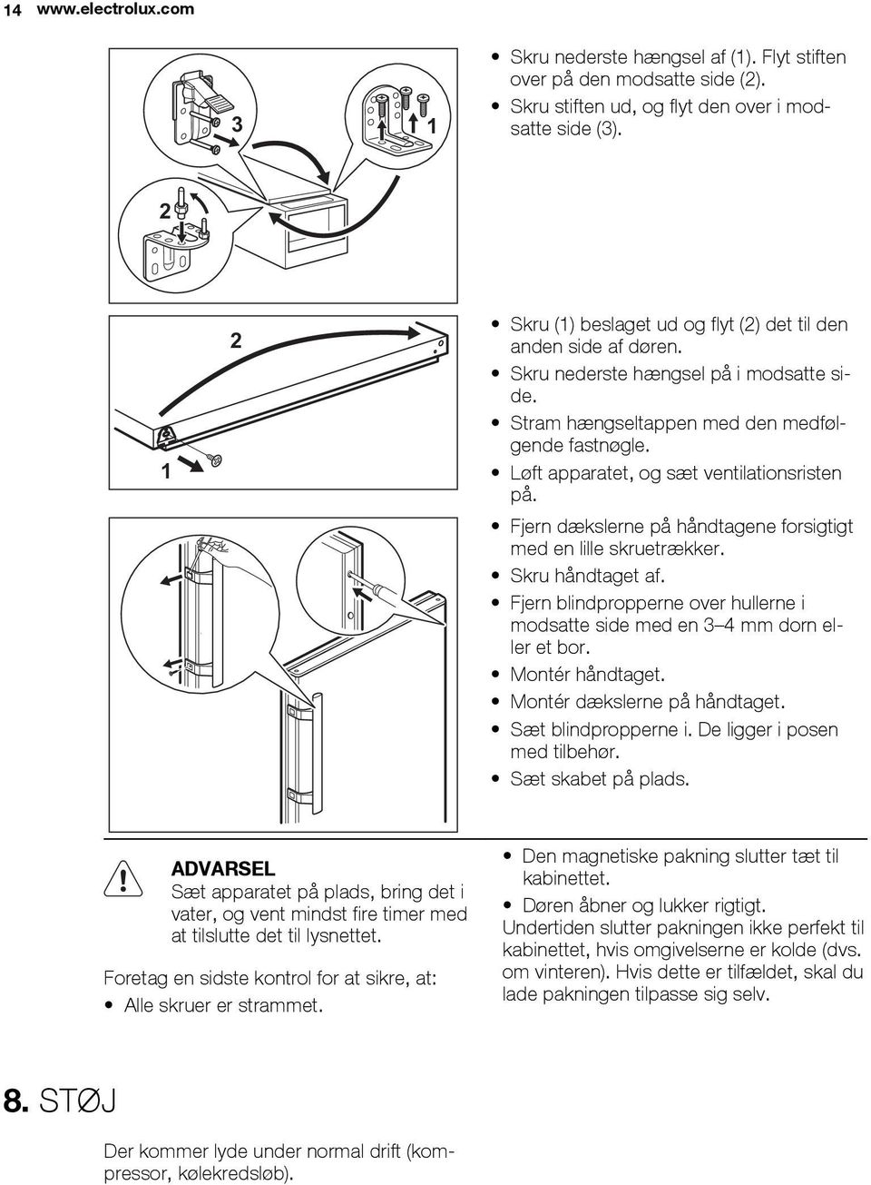 Løft apparatet, og sæt ventilationsristen på. Fjern dækslerne på håndtagene forsigtigt med en lille skruetrækker. Skru håndtaget af.