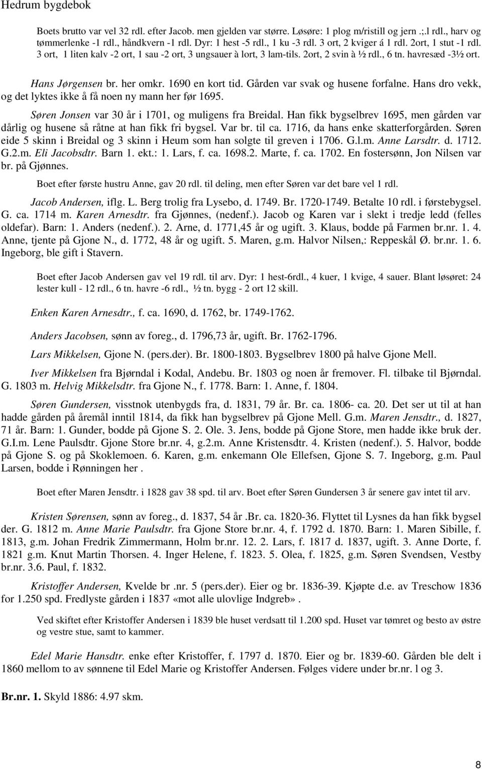 1690 en kort tid. Gården var svak og husene forfalne. Hans dro vekk, og det lyktes ikke å få noen ny mann her før 1695. Søren Jonsen var 30 år i 1701, og muligens fra Breidal.