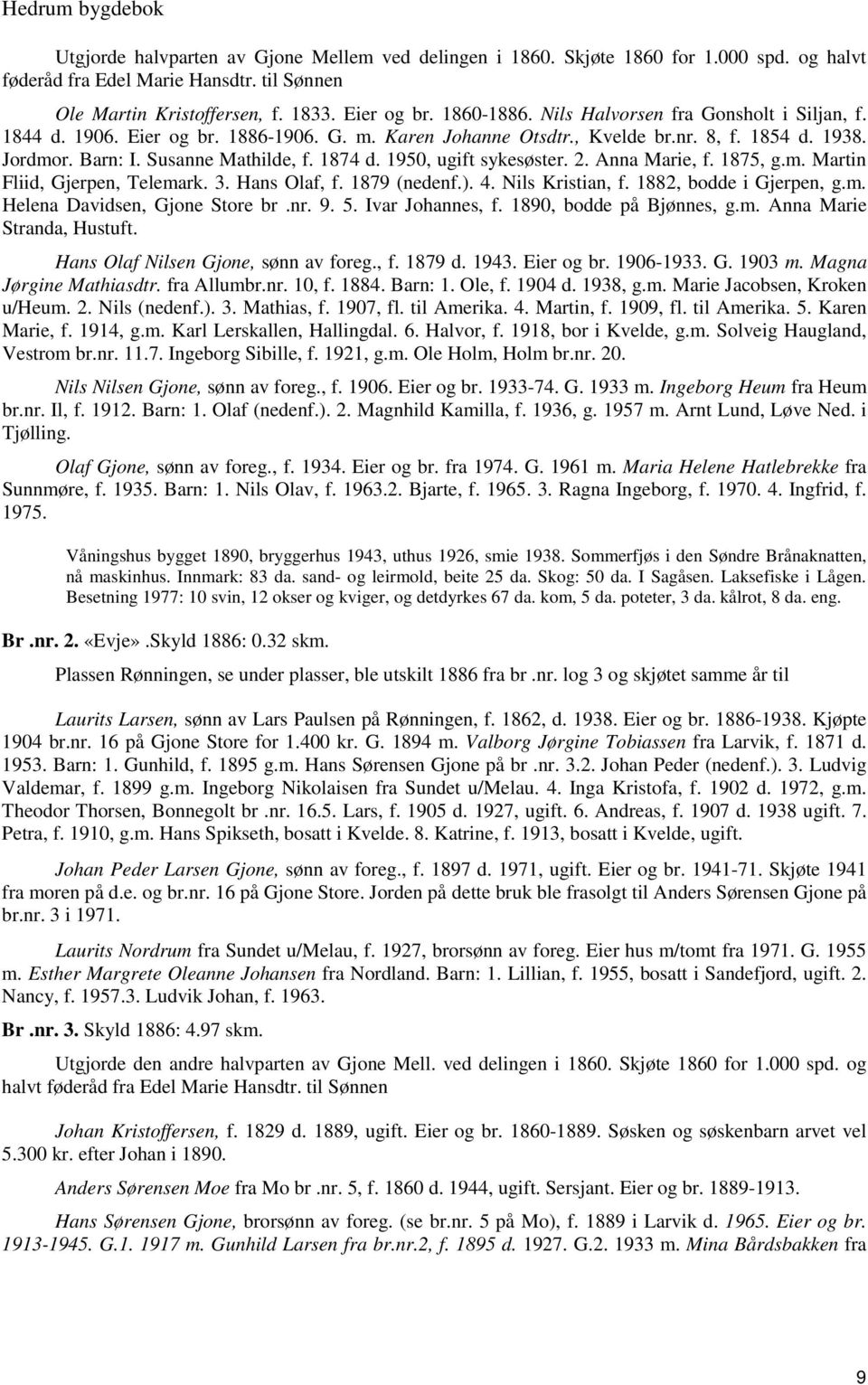 1950, ugift sykesøster. 2. Anna Marie, f. 1875, g.m. Martin Fliid, Gjerpen, Telemark. 3. Hans Olaf, f. 1879 (nedenf.). 4. Nils Kristian, f. 1882, bodde i Gjerpen, g.m. Helena Davidsen, Gjone Store br.