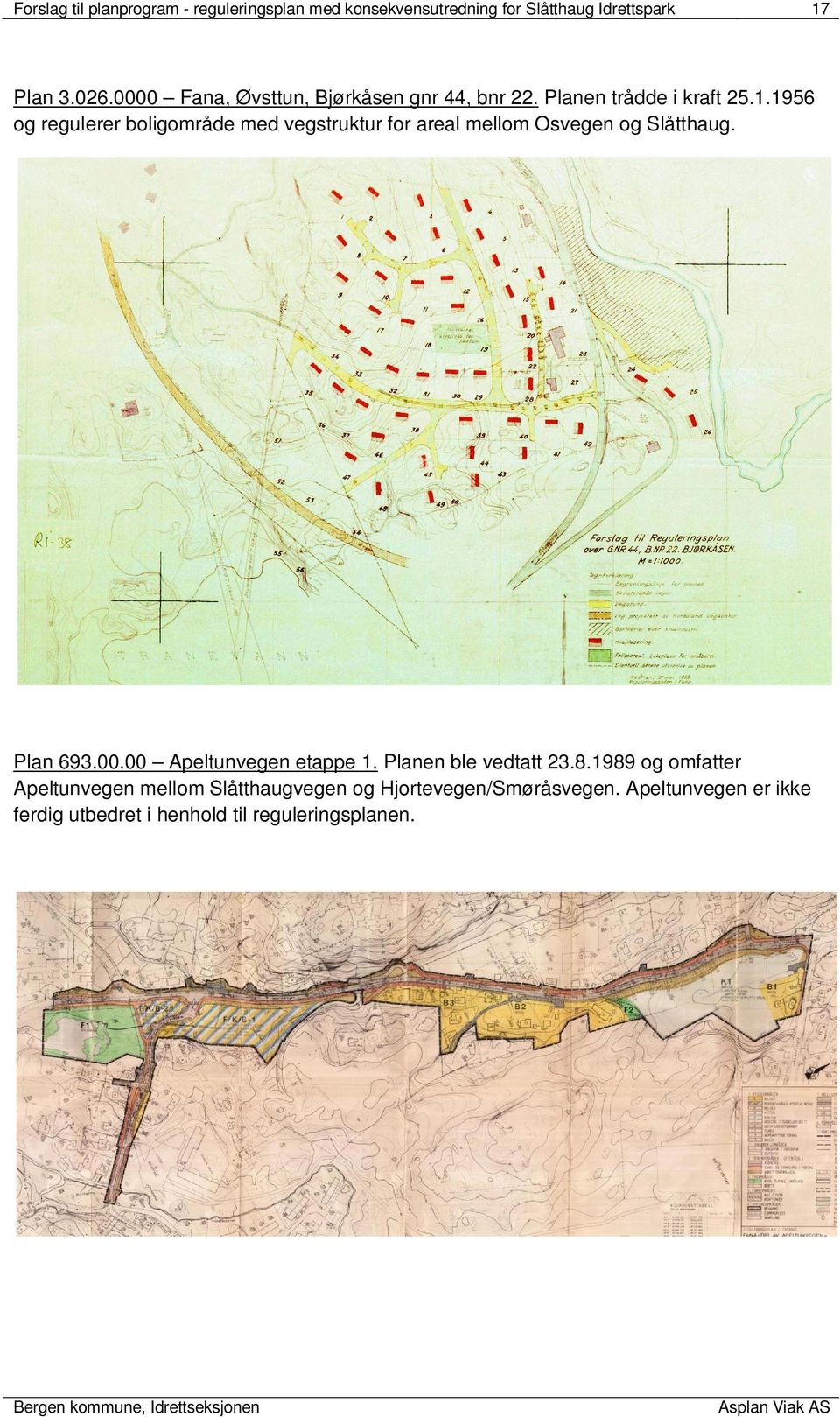 1956 og regulerer boligområde med vegstruktur for areal mellom Osvegen og Slåtthaug. Plan 693.00.