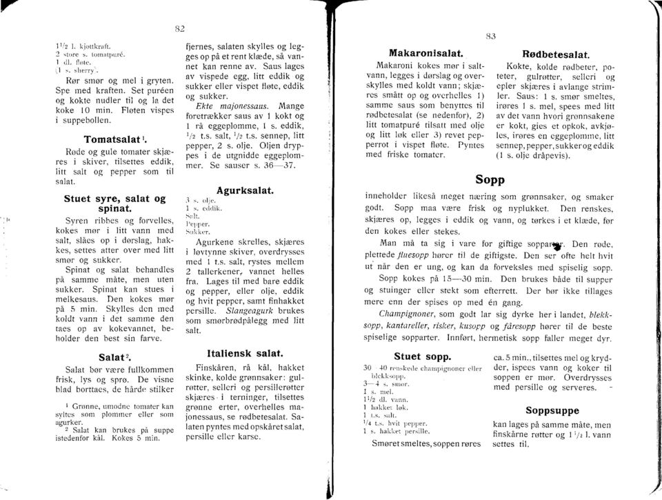 Syren ribbes og forvelles, kokes mar i litt vann med salt, sl&es op i dorslag, hakkes, settes atter over med litt smor og sukker. Spinat og salat behandles pa samme mite, men uten sukker.