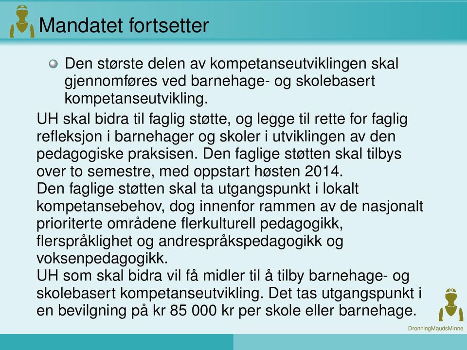 Den faglige støtten skal tilbys over to semestre, med oppstart høsten 2014.