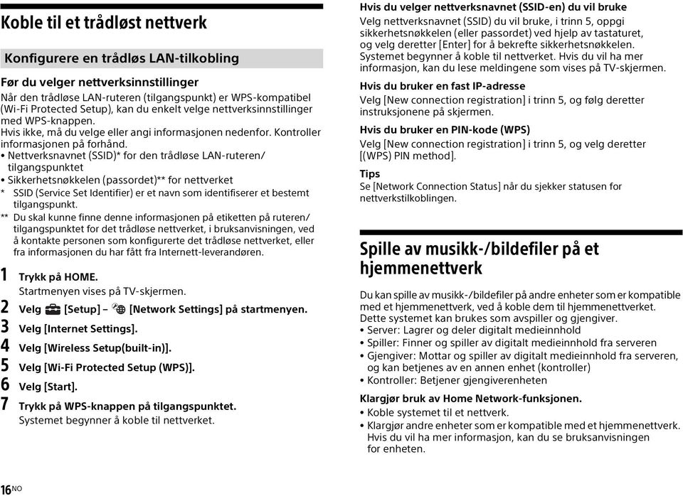 Nettverksnavnet (SSID)* for den trådløse LAN-ruteren/ tilgangspunktet Sikkerhetsnøkkelen (passordet)** for nettverket * SSID (Service Set Identifier) er et navn som identifiserer et bestemt