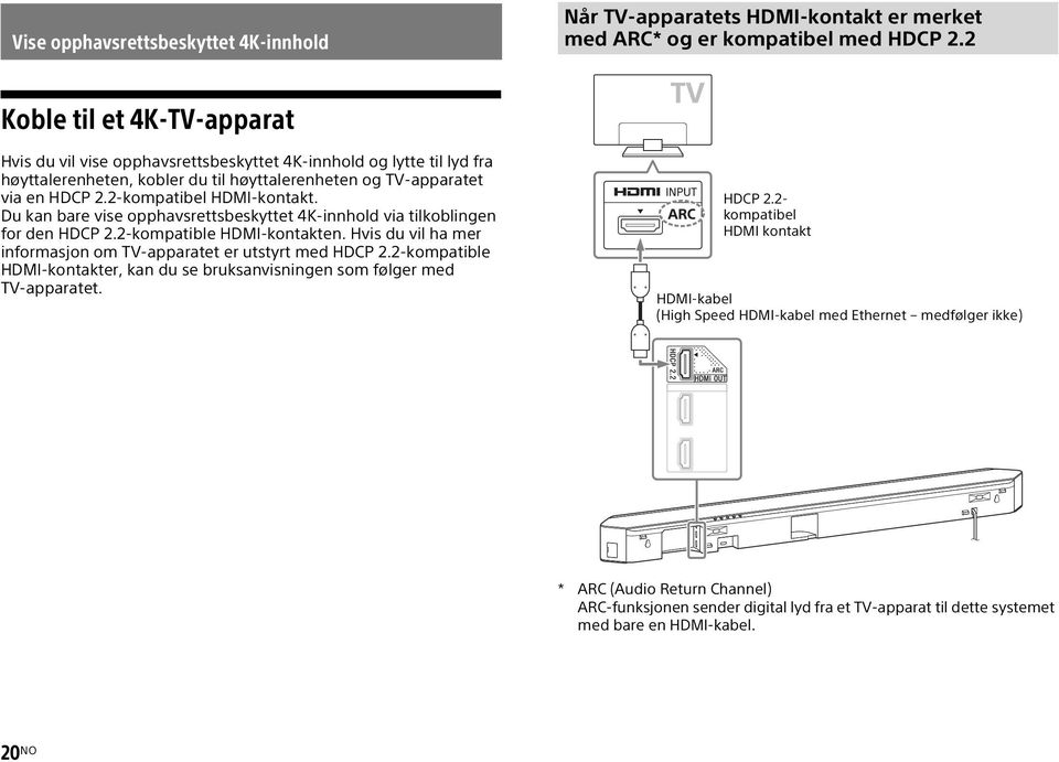 2-kompatibel HDMI-kontakt. Du kan bare vise opphavsrettsbeskyttet 4K-innhold via tilkoblingen for den HDCP 2.2-kompatible HDMI-kontakten.