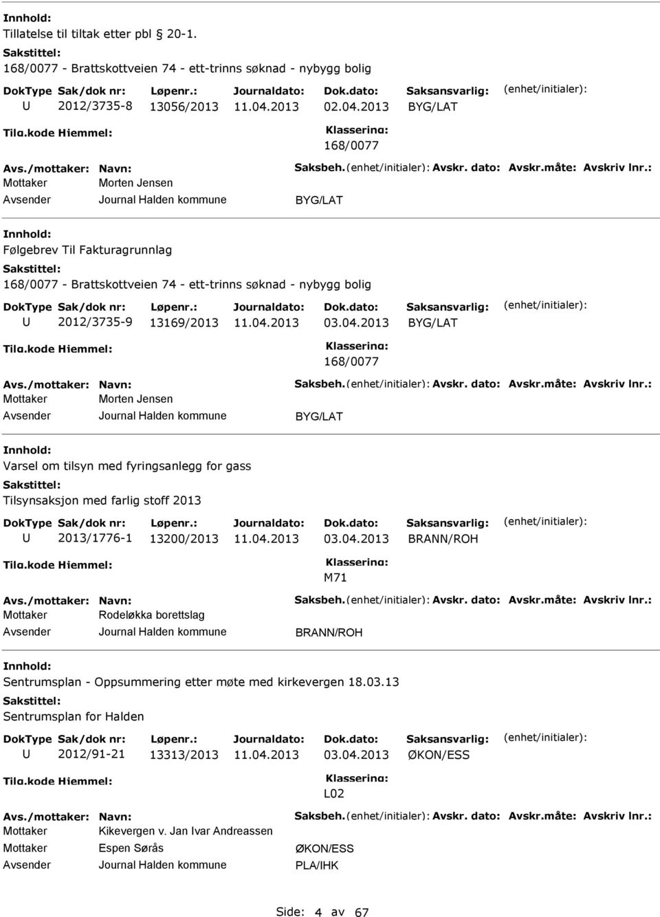 2013 BYG/LAT 168/0077 Avs./mottaker: Navn: Saksbeh. Avskr. dato: Avskr.måte: Avskriv lnr.