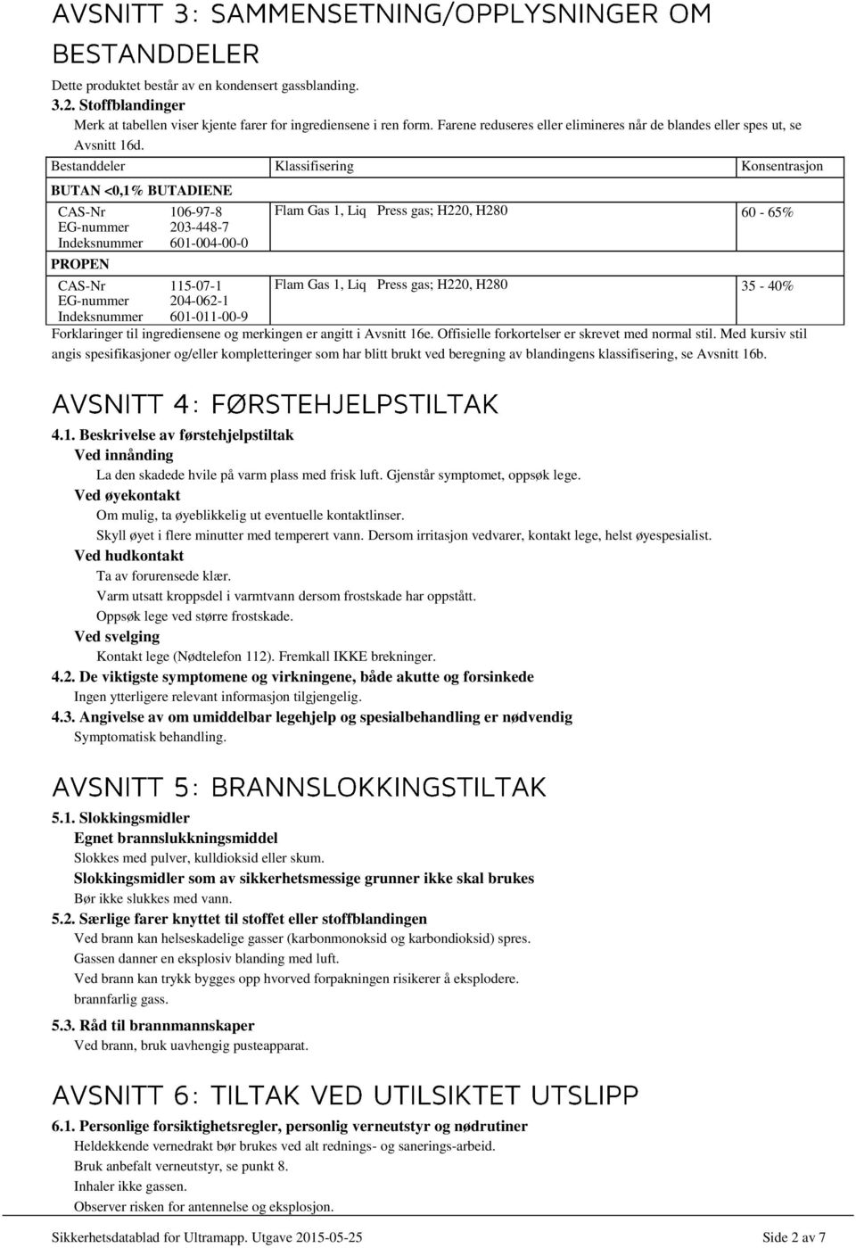 Bestanddeler Klassifisering Konsentrasjon BUTAN <0,1% BUTADIENE CAS-Nr 106-97-8 EG-nummer 203-448-7 Indeksnummer 601-004-00-0 Flam Gas 1, Liq Press gas; H220, H280 60-65% PROPEN CAS-Nr 115-07-1 Flam