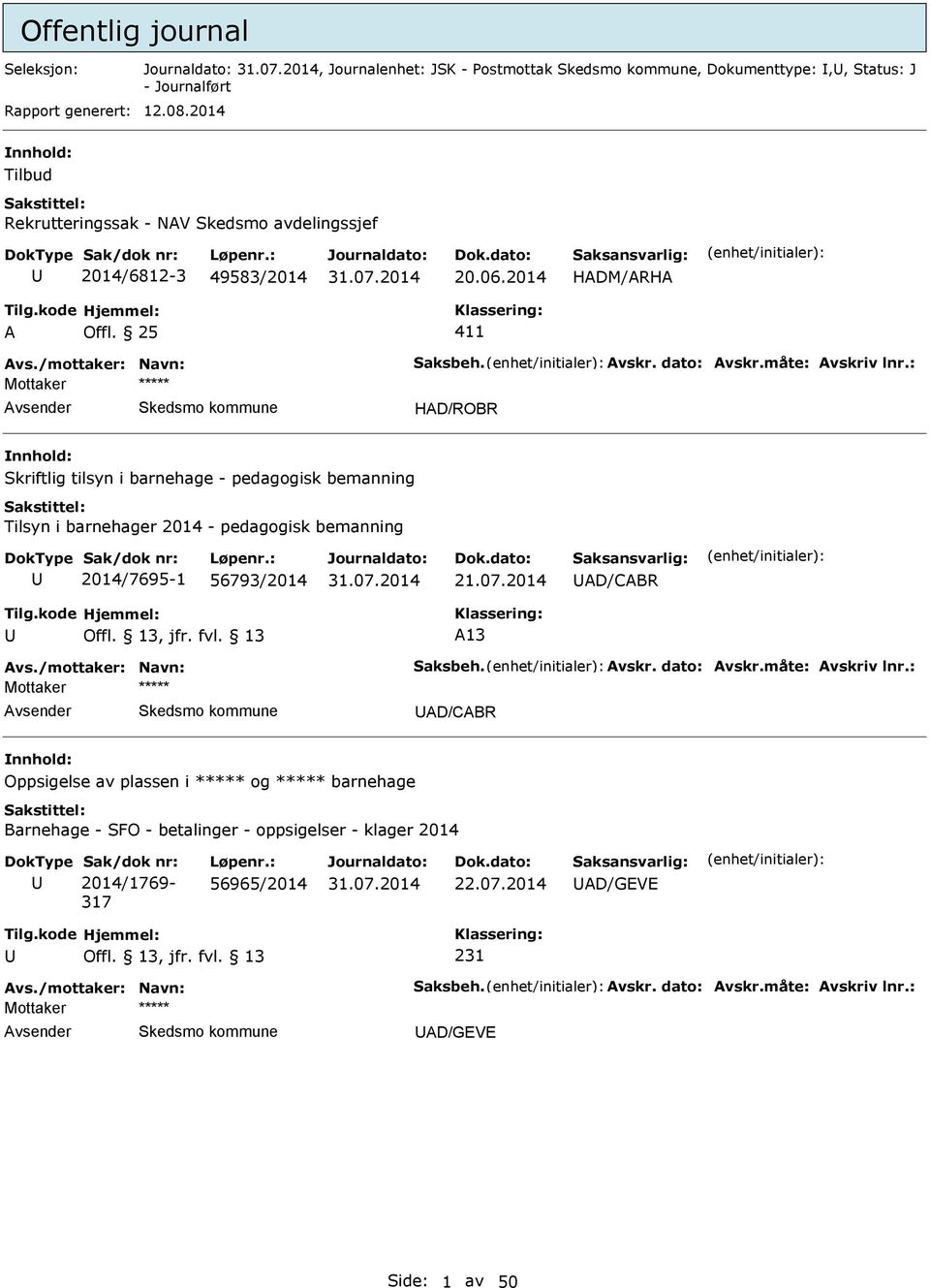 : HD/ROBR Skriftlig tilsyn i barnehage - pedagogisk bemanning Tilsyn i barnehager 2014 - pedagogisk bemanning 2014/7695-1 56793/2014 21.07.2014 D/CBR 13 vs.