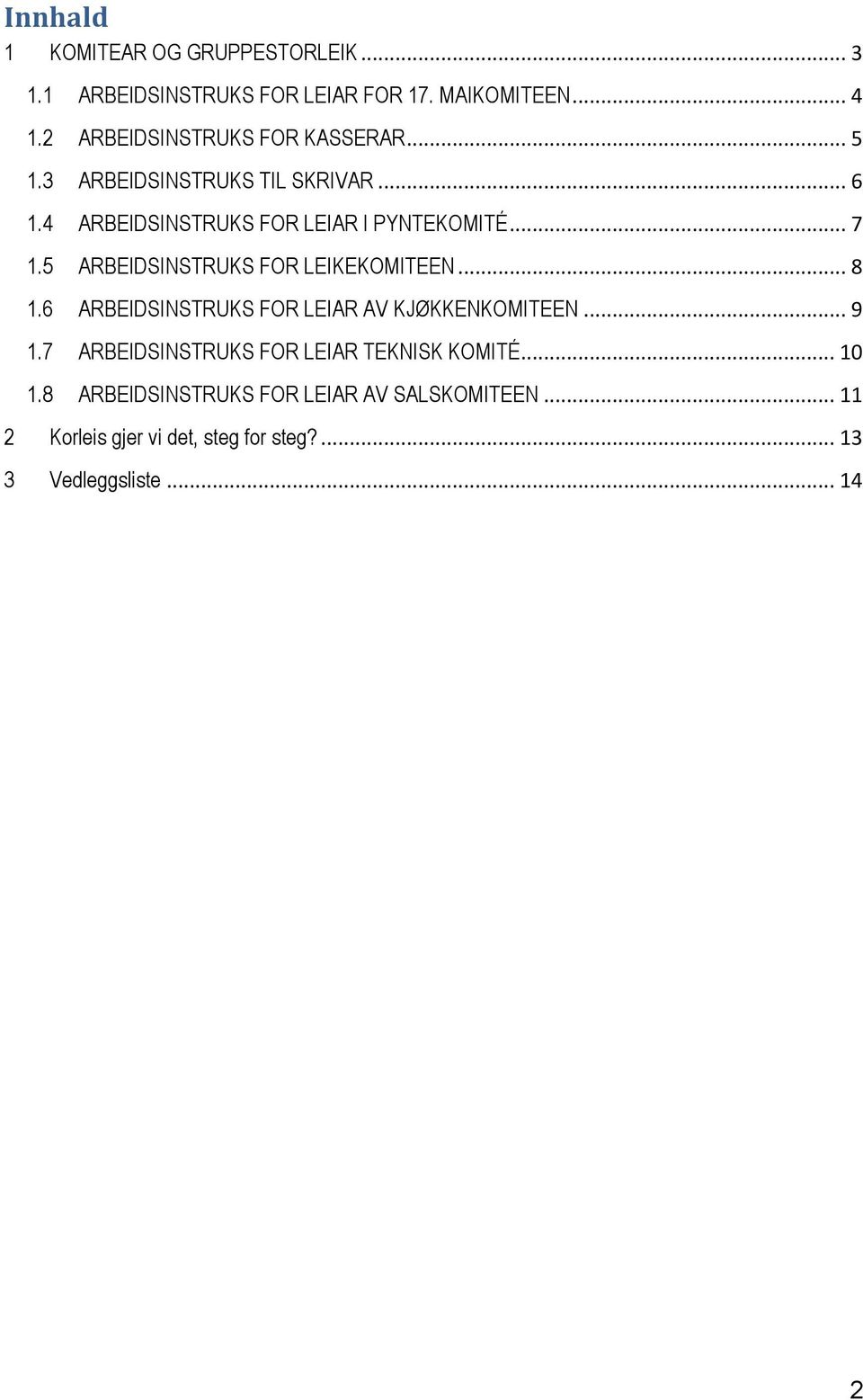 5 ARBEIDSINSTRUKS FOR LEIKEKOMITEEN... 8 1.6 ARBEIDSINSTRUKS FOR LEIAR AV KJØKKENKOMITEEN... 9 1.