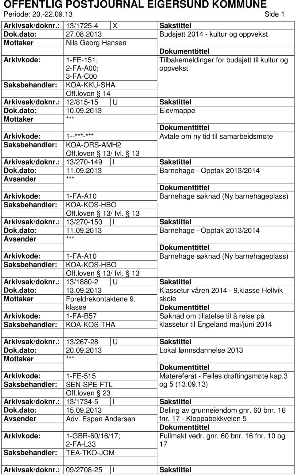 : 12/815-15 U Sakstittel Dok.dato: 10.09.2013 Elevmappe 1--- Avtale om ny tid til samarbeidsmøte KOA-ORS-AMH2 Arkivsak/doknr.: 13/270-149 I Sakstittel Dok.dato: 11.09.2013 Barnehage - Opptak 2013/2014 1-FA-A10 Barnehage søknad (Ny barnehageplass) KOA-KOS-HBO Arkivsak/doknr.