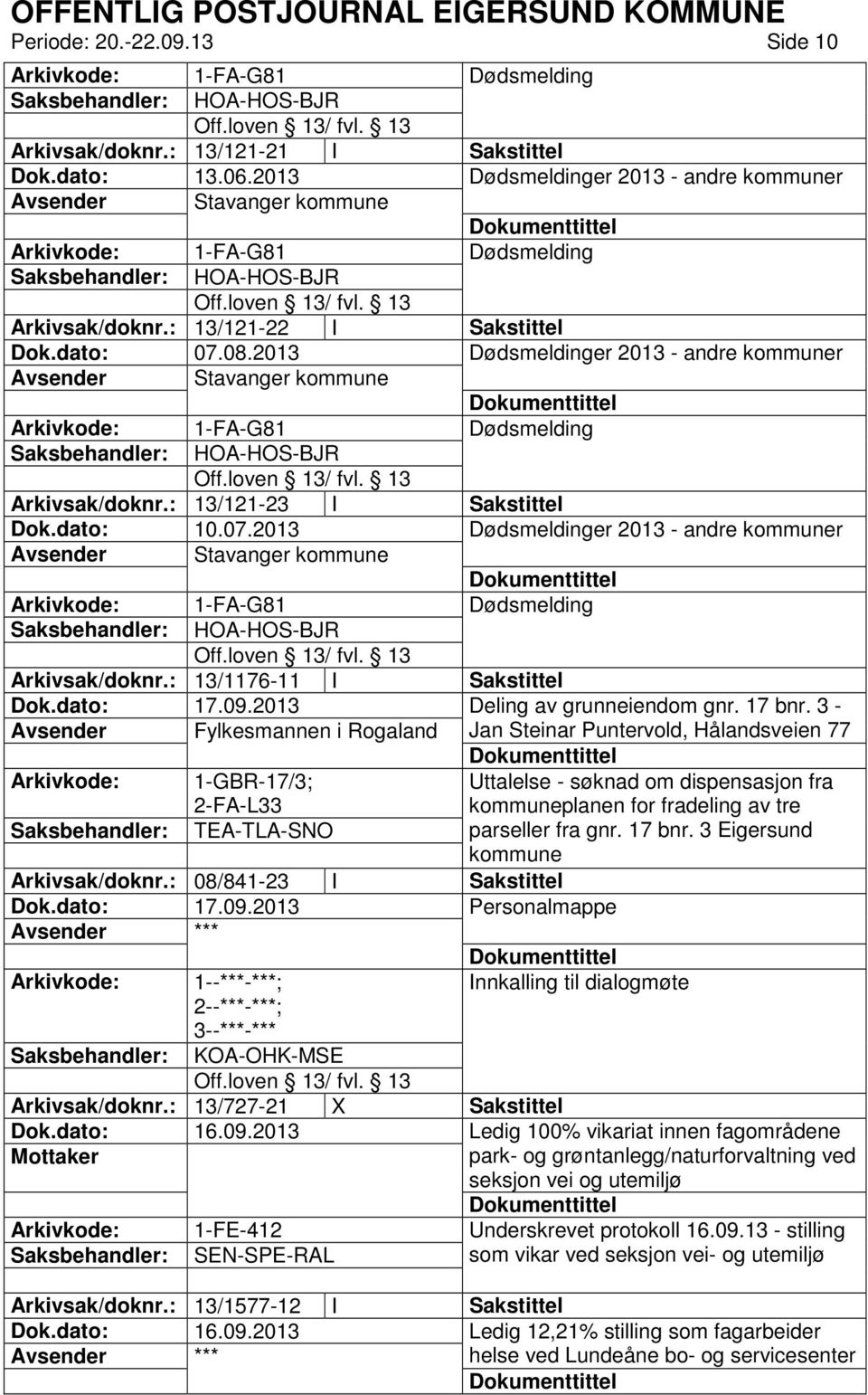 2013 Dødsmeldinger 2013 - andre kommuner Avsender Stavanger kommune 1-FA-G81 Dødsmelding HOA-HOS-BJR Arkivsak/doknr.: 13/121-23 I Sakstittel Dok.dato: 10.07.