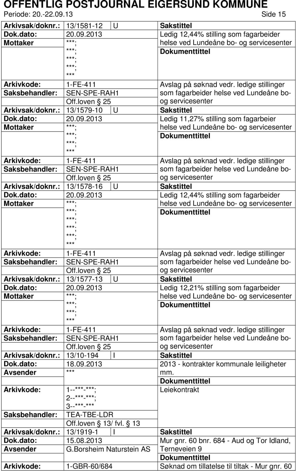 : 13/1578-16 U Sakstittel Ledig 12,44% stilling som fagarbeider Mottaker helse ved Lundeåne bo- og Arkivsak/doknr.