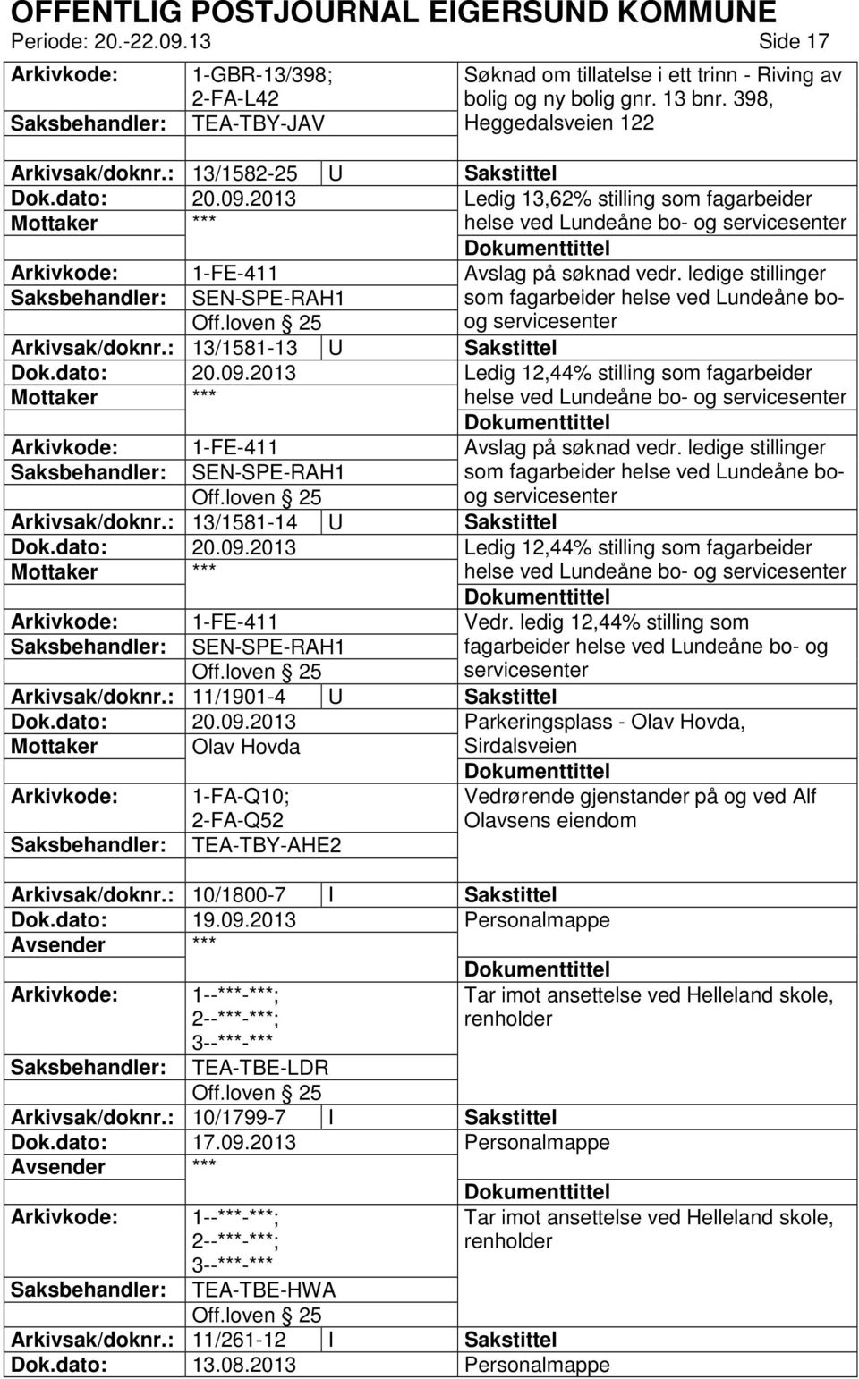 : 13/1581-13 U Sakstittel Ledig 12,44% stilling som fagarbeider helse ved Lundeåne bo- og Arkivsak/doknr.: 13/1581-14 U Sakstittel Ledig 12,44% stilling som fagarbeider helse ved Lundeåne bo- og Vedr.