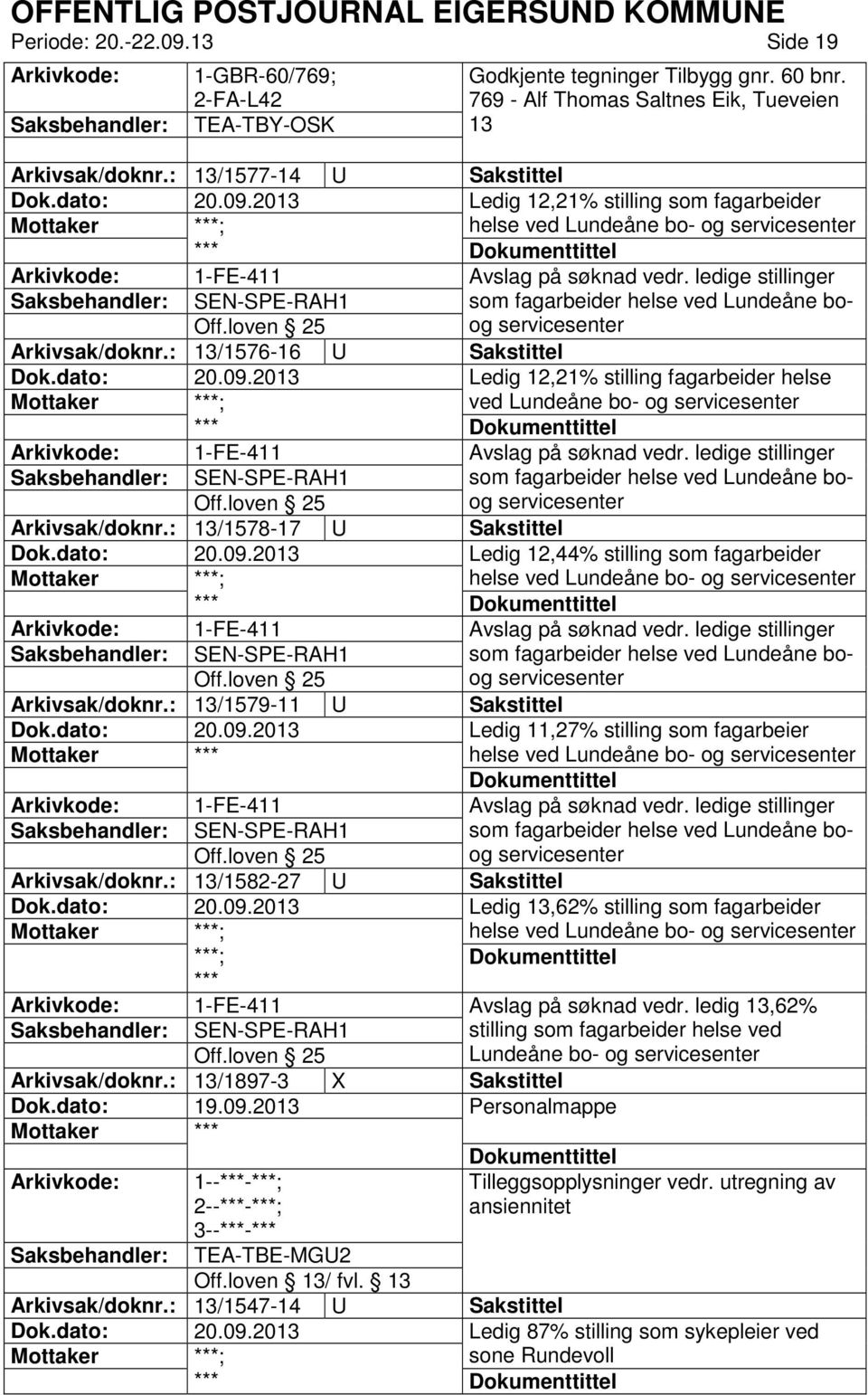 : 13/1576-16 U Sakstittel Ledig 12,21% stilling fagarbeider helse Mottaker ved Lundeåne bo- og Arkivsak/doknr.